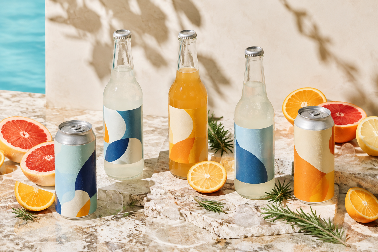 Unbranded chilled bottles and cans with citrus and ice