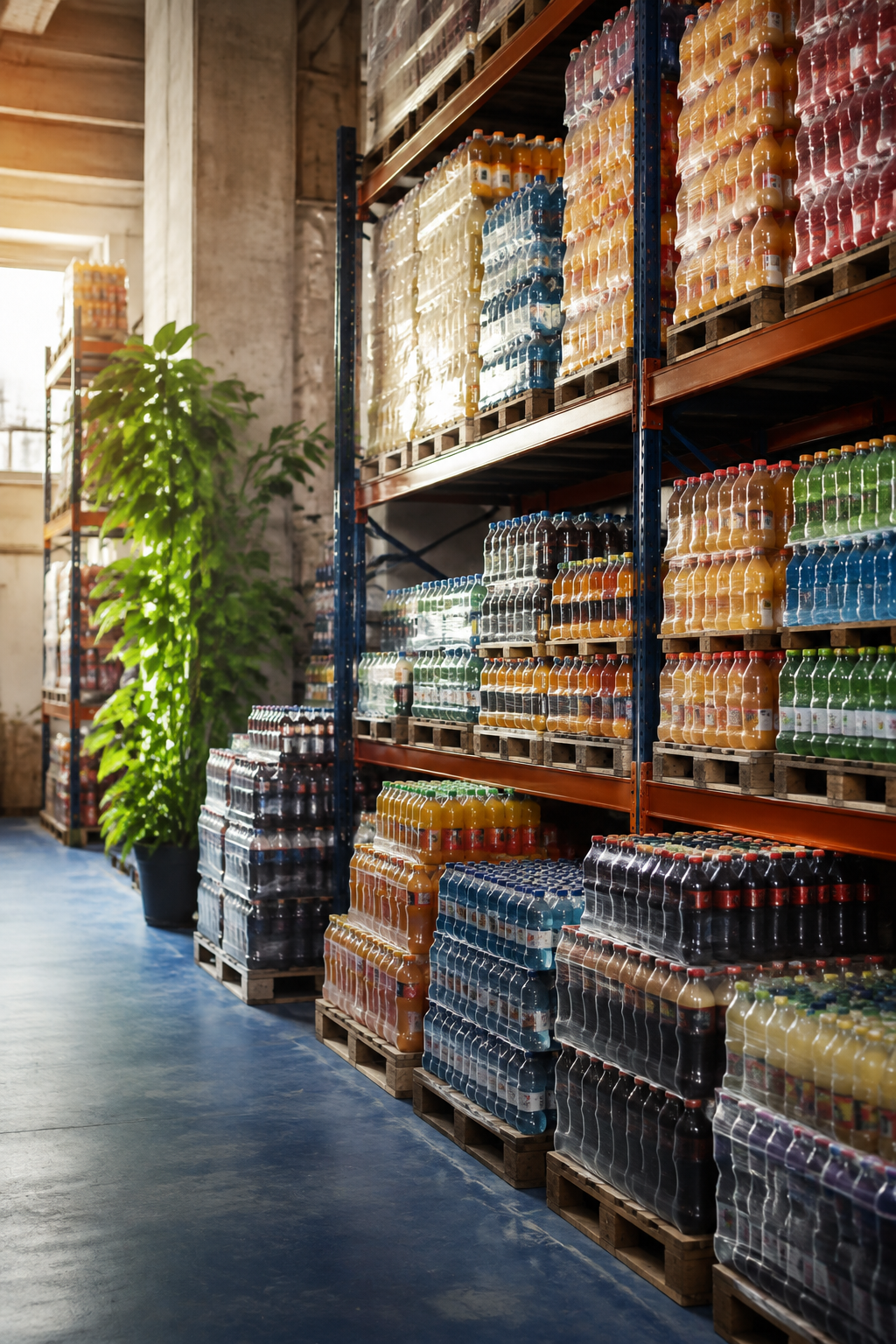Clean warehouse shelves with colorful unbranded beverage cases