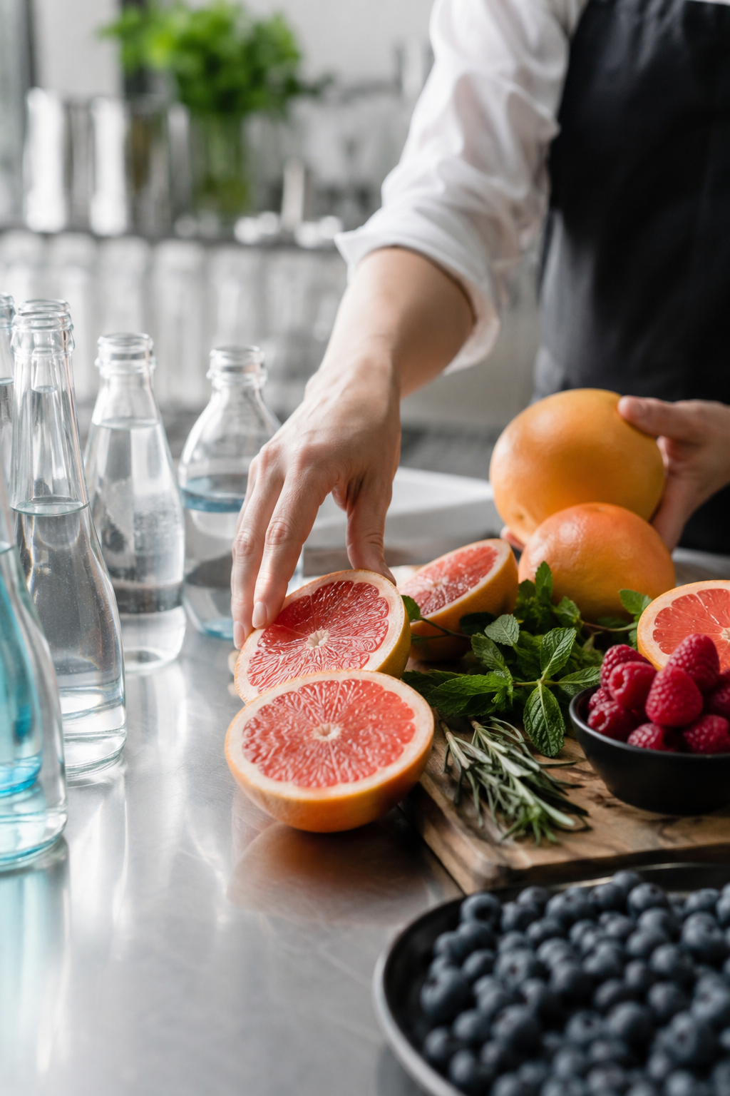 Hands selecting fruit and herbs beside clear bottles on a work table